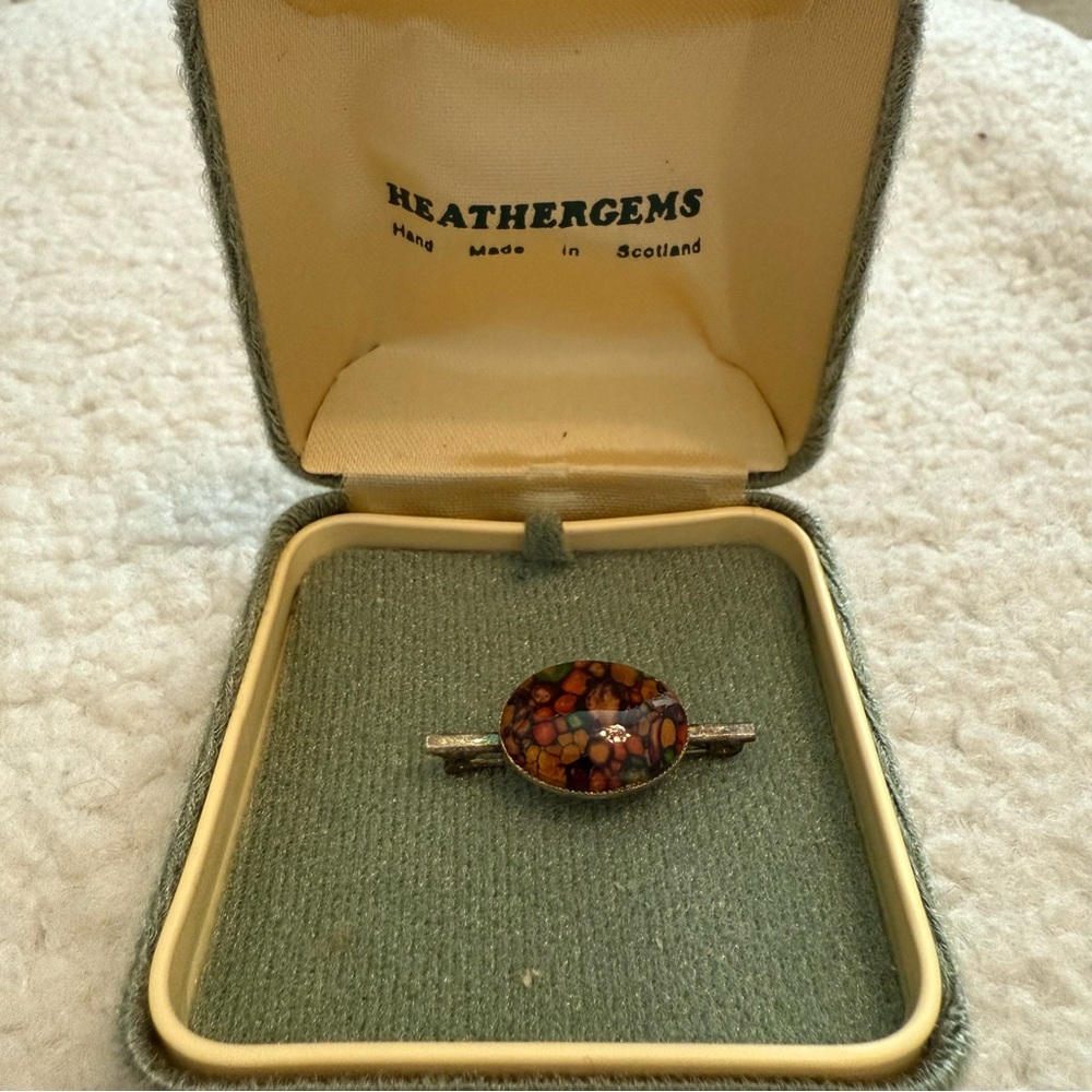 Elegant Red, Yellow & Green Tortoise Shell Style Stone Silver-Toned Brooch
